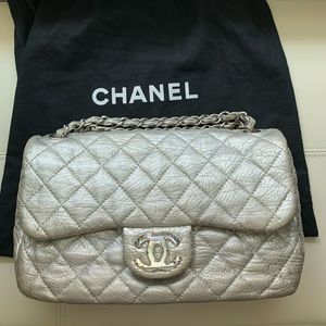 Chanel silver leather large flap with SHW